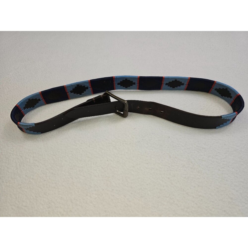 Carlos Diaz Brown Blue Leather Belt Geometric Embroidered Pattern Size 95 36